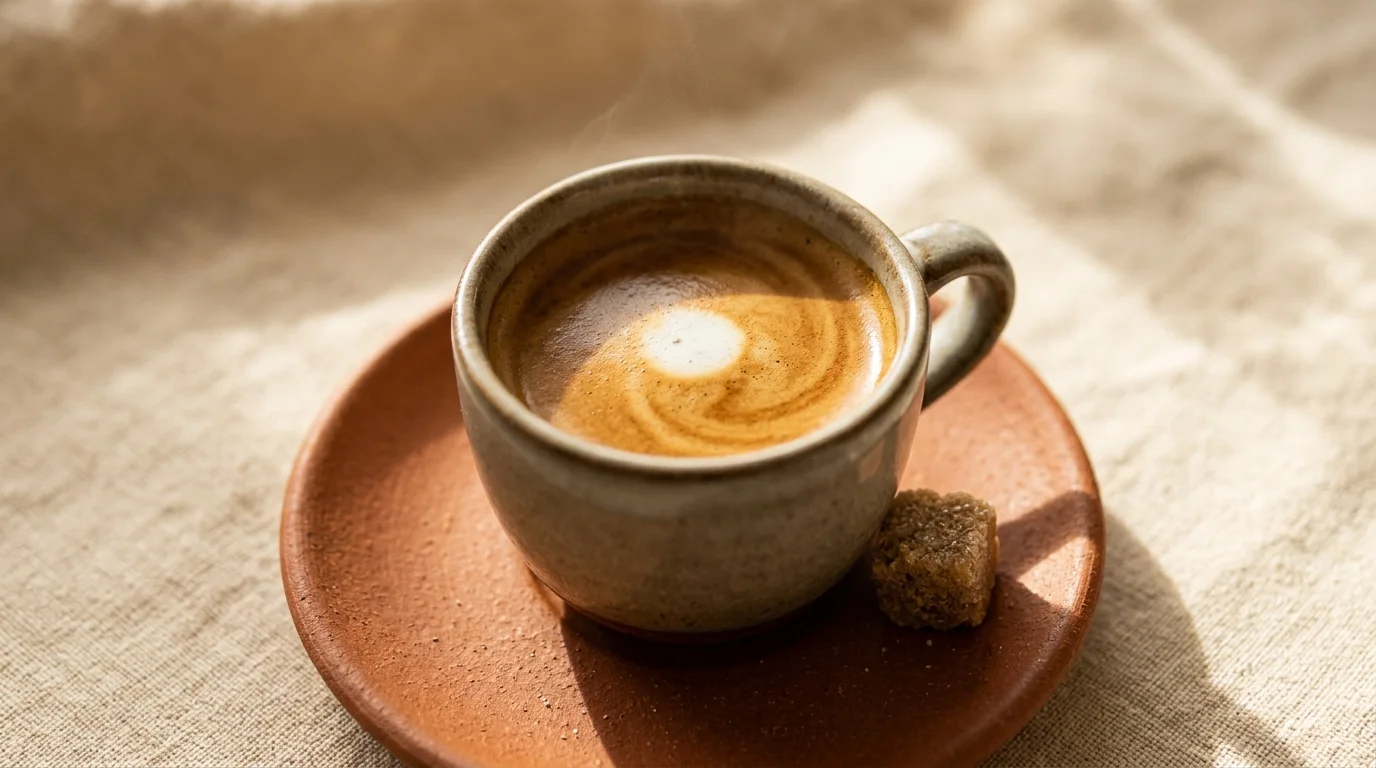 Cafè tallat servit en una tassa de la barra.