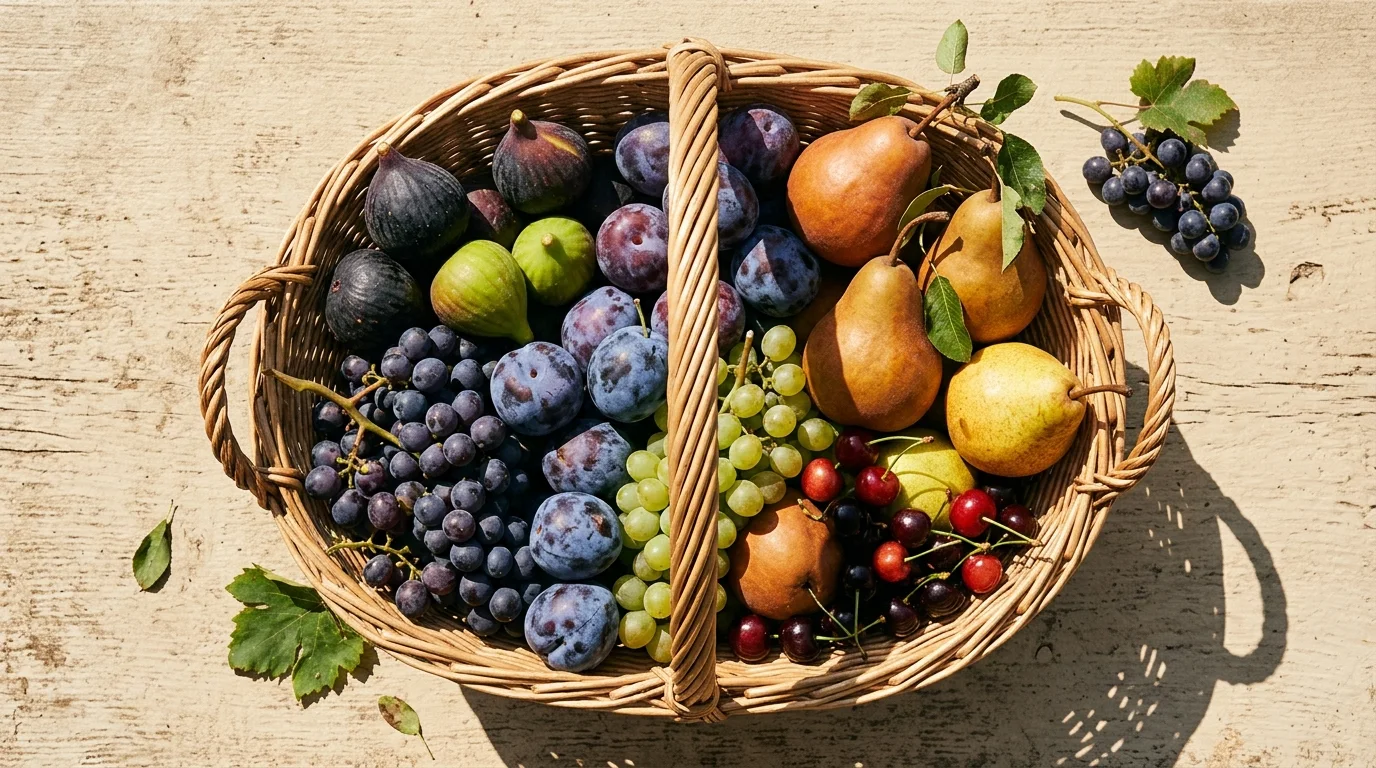 Cistella de fruita de temporada amb figues, prunes i raïm.