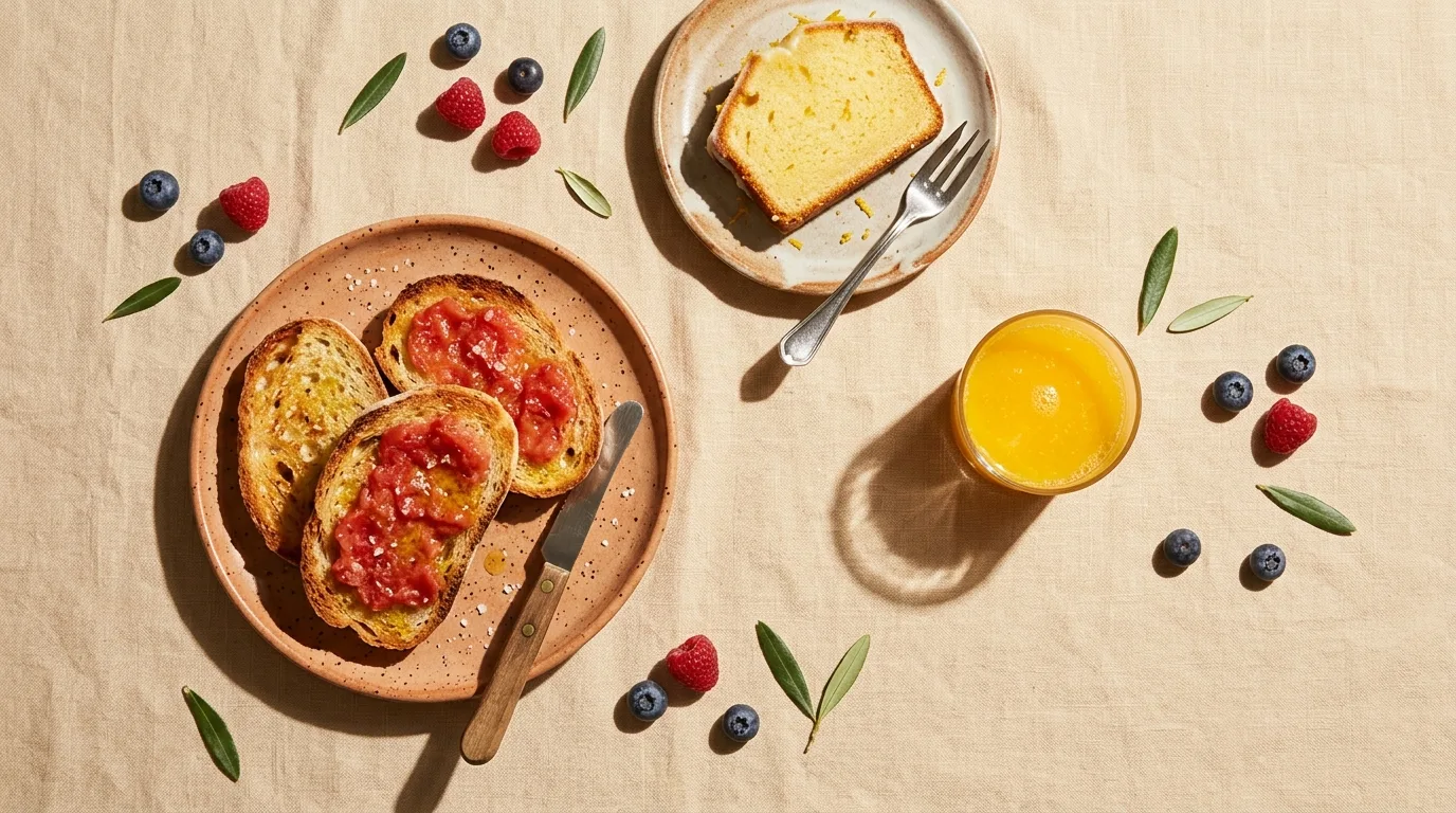 Taula de brunch amb pa, ou, cafè i fruita sobre estovalles de lli.