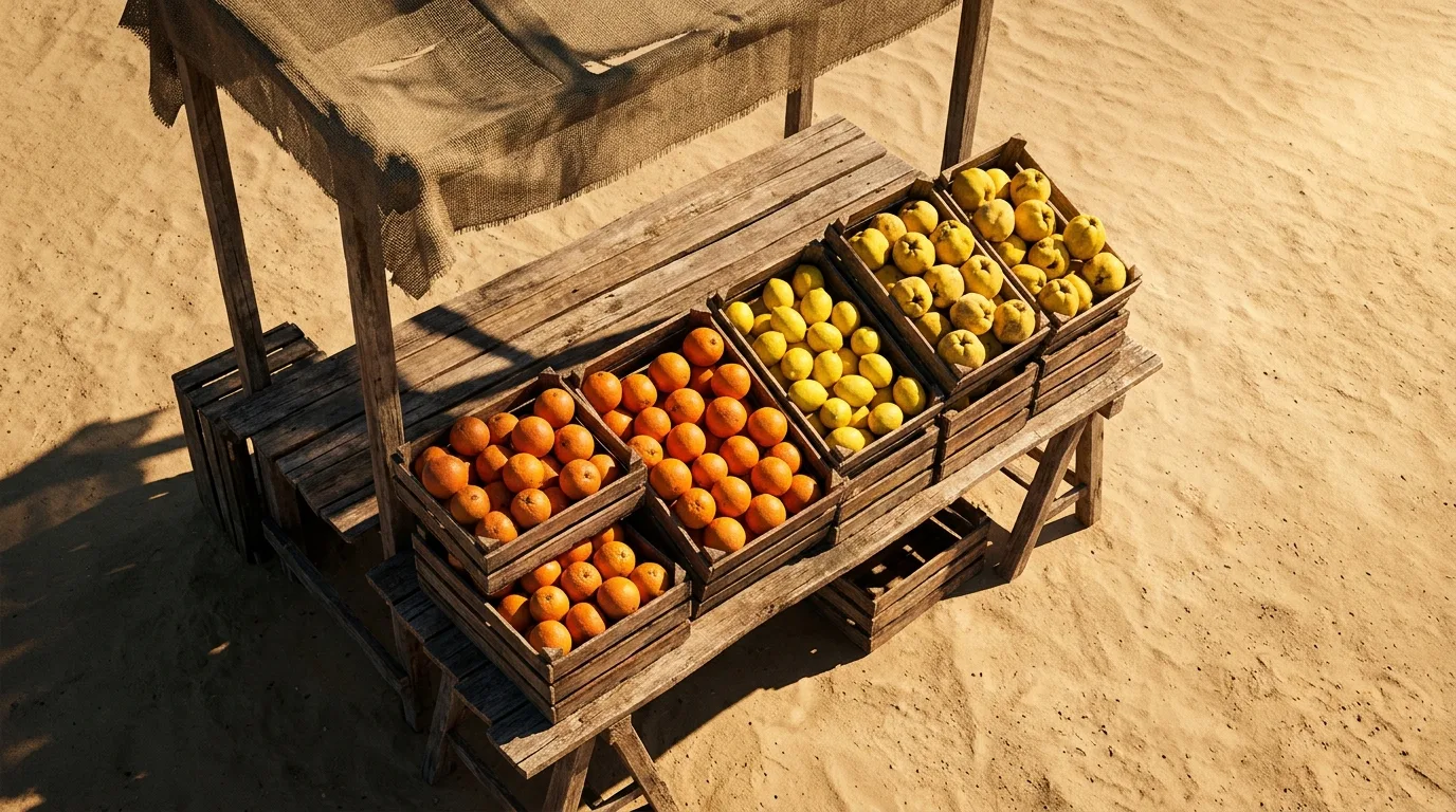 Caixa de taronges valencianes sobre el taulell de la fruiteria, llum del matí.