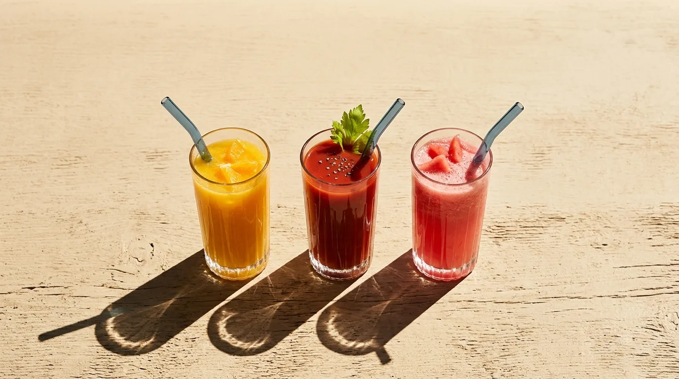Tres gots de suc natural — taronja, tomàquet i sandia — sobre la barra.