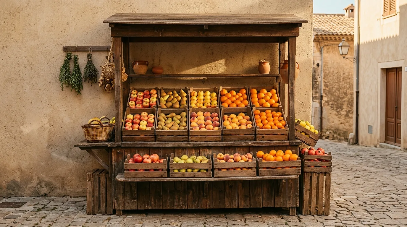 Caixes de fruita de temporada al taulell del carrer.